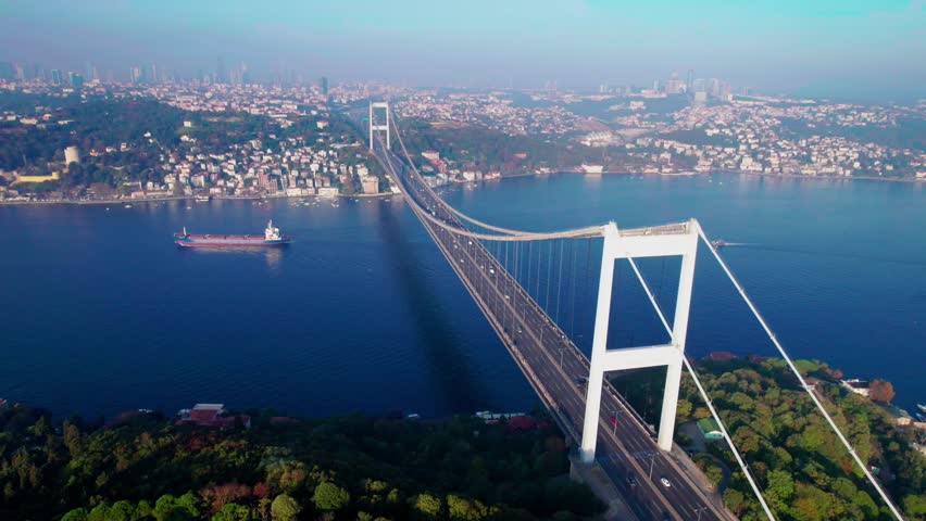 Aerial view of Fatih Sultan Mehmet Bridge in Istanbul, Turkey. Beautiful view of Istanbul Bosphorus. Drone shot.