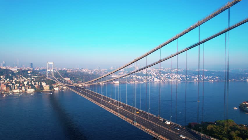 Aerial view of Fatih Sultan Mehmet Bridge in Istanbul, Turkey. Beautiful view of Istanbul Bosphorus. Drone shot.