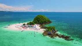 Aerial view drone video of Amazing small island beautiful tropical sandy beach landscape view at koh Khai Island in Phang Nga Thailand,Amazing small island in tropical sea