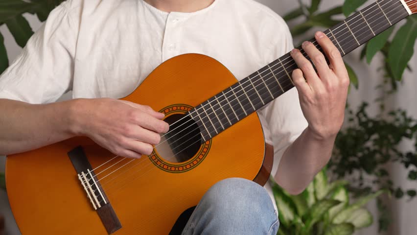 Musician Playing Classical Acoustic Guitar Using Fingers on Strings and Fretboard Royalty-Free Stock Footage #1110787685
