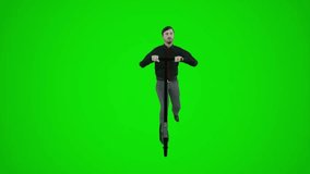 3d green screen an employee riding scooter on the streets of Europe from frontal angle chroma key animation crowd Isolated group interior exterior scenes Visual effect visualization