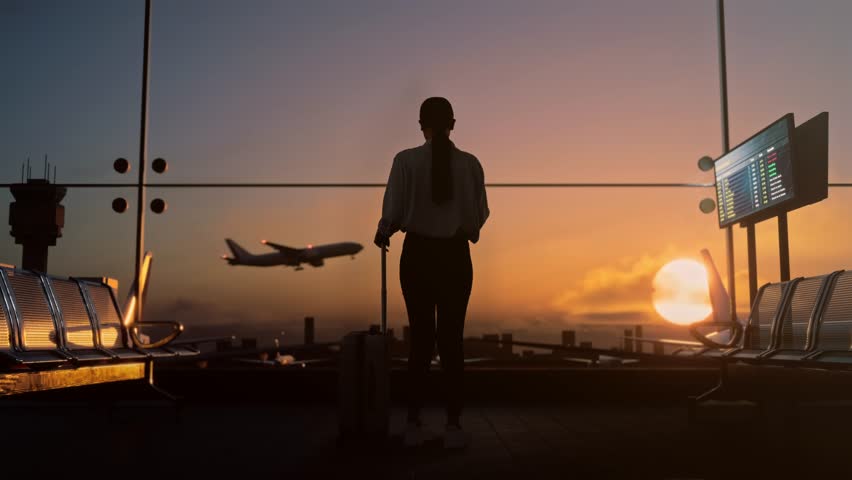 Full Body Back View Of Asian Woman With Rolling Suitcase In Boarding Lounge Of Airline Hub, Talking On Smartphone, Waiting For Flight, Airport Terminal With Airplane Takes Off Outside The Window