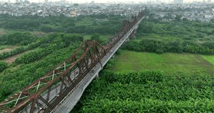 Long Bien Bridge in Hanoi is a 120-year-old bridge. Video shot in Hanoi on October 4, 2023.