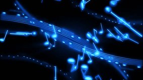Colorful musical notes animation flowing on black, 4k motion design looping background