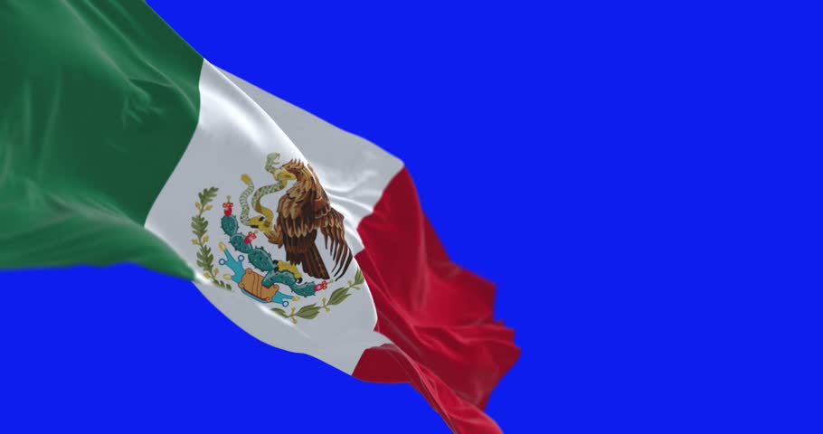Mexico national flag waving on blue screen. Tricolor of green, white, and red with national coat of arms in the center. Seamless 3D render animation. Chroma key. Alpha channel. Slow motion loop. 4K