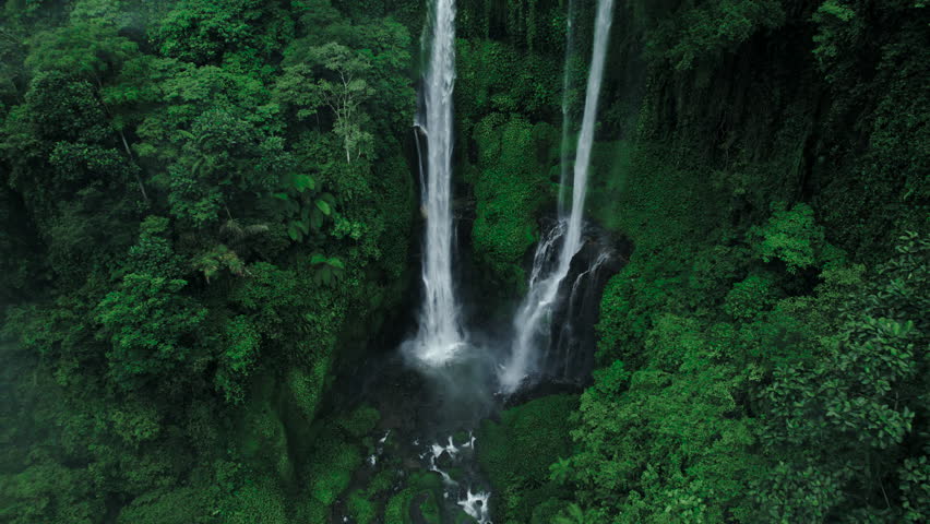 Big tall waterfall with two double powerful streams, jungle tropical scene, lush green vegetation around, wild raw nature. Mighty water flow of Sekumpul waterfall in Bali, Indonesia | Shutterstock HD Video #1110803811