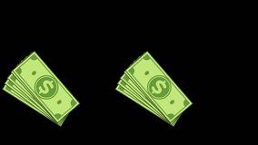 Animation of dollar bills falling on black screen or chroma key, concept of business success, Cash rendering on screen ultra 4k video