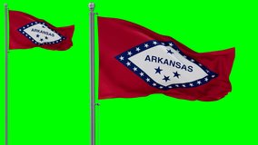 Arkansas US state looped flag waving in the wind with colored chroma key for easy background remove, cycle seamless loop video