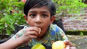A boy is eating an Orange with her mouth full in the garden. Asian little boy eating fresh citrus fruit. Concept of children eating colorful healthy fresh fruits. 4k video closeup views.