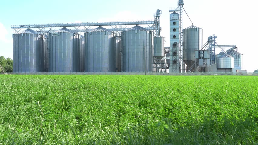 silver silos on agro manufacturing plant for processing drying cleaning and storage of agricultural products, flour, cereals and grain. Large iron barrels of grain. Granary elevator Royalty-Free Stock Footage #1110820797
