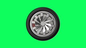 3d rendering black tire with alloy wheel isolated on green screen 4k footage