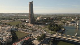 Establishing video of Sevilla tower, the tallest building in Andalusia region of Spain. Aerial footage.