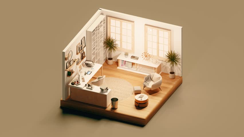Isometric view of interior of modern study room in cartoon style. 3d isometric loop. 3D Illustration Royalty-Free Stock Footage #1110828651
