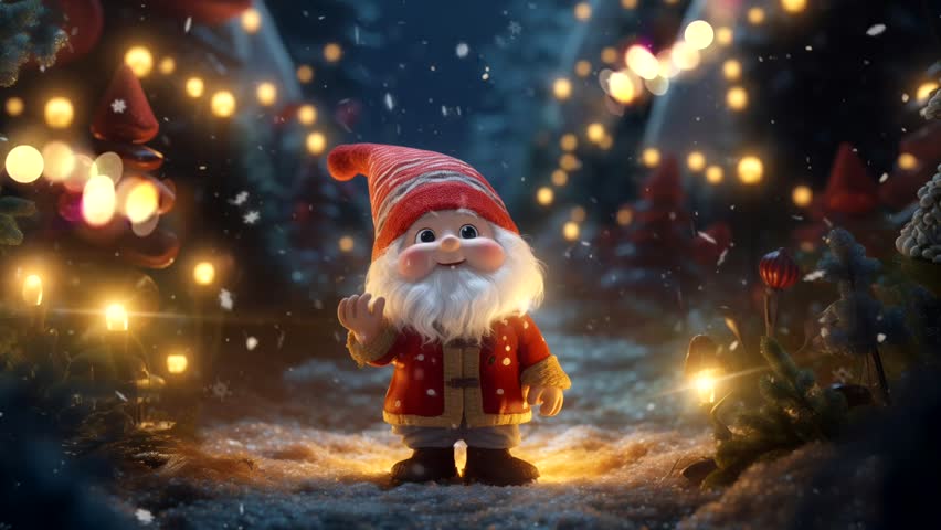 The winter elf stands in the illuminated forest. Animated snow and lights. Loop animation. One minute. Royalty-Free Stock Footage #1110828869