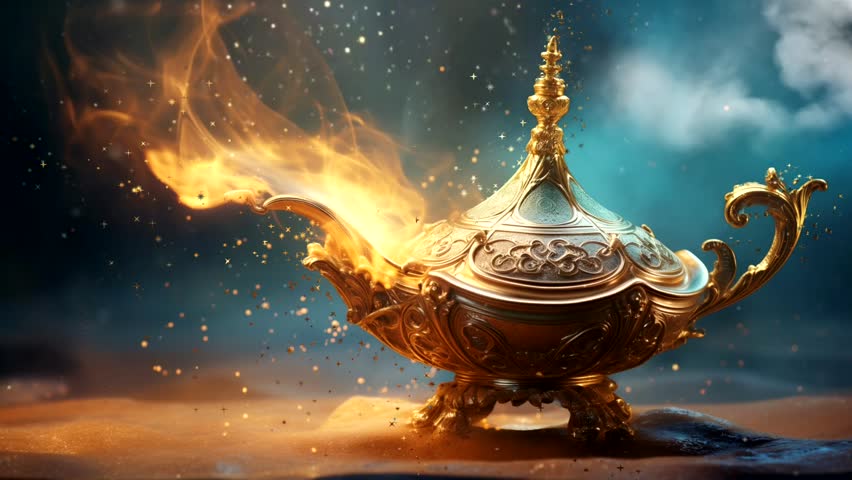 
A magical golden lamp with magic dust rising from it. Animated background. Loop animation. One minute Royalty-Free Stock Footage #1110829391