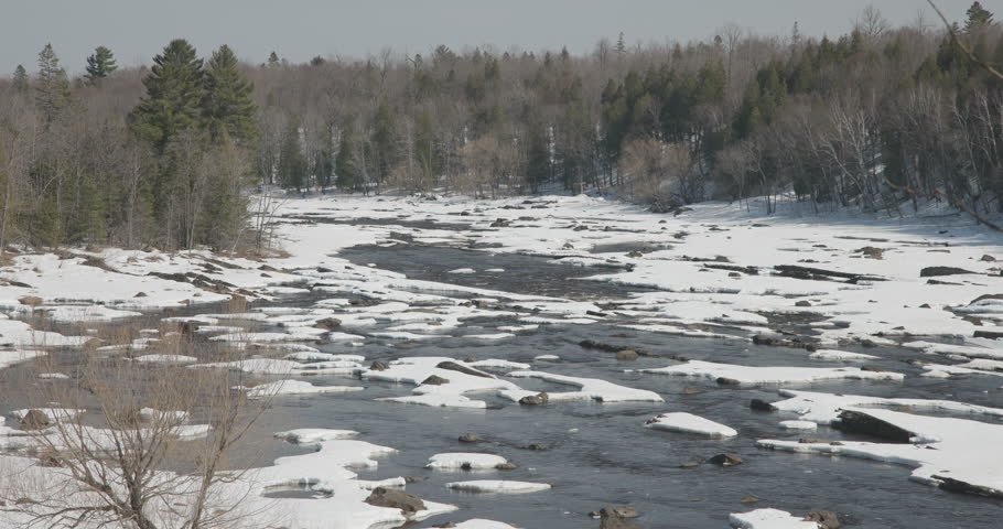 Wide Broad Shallow River with Open Water in Northern Minnesota Winter