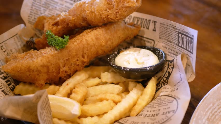 close up view to a plate of fish and chips with tartar sauce for dinner lunch meal, fried cryspy fish in english style Royalty-Free Stock Footage #1110834255