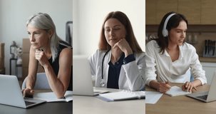 Attractive different women, young and middle-aged diverse profession and age females working or studying seated at desk at home and office. Workflow using modern wireless technologies, collage view