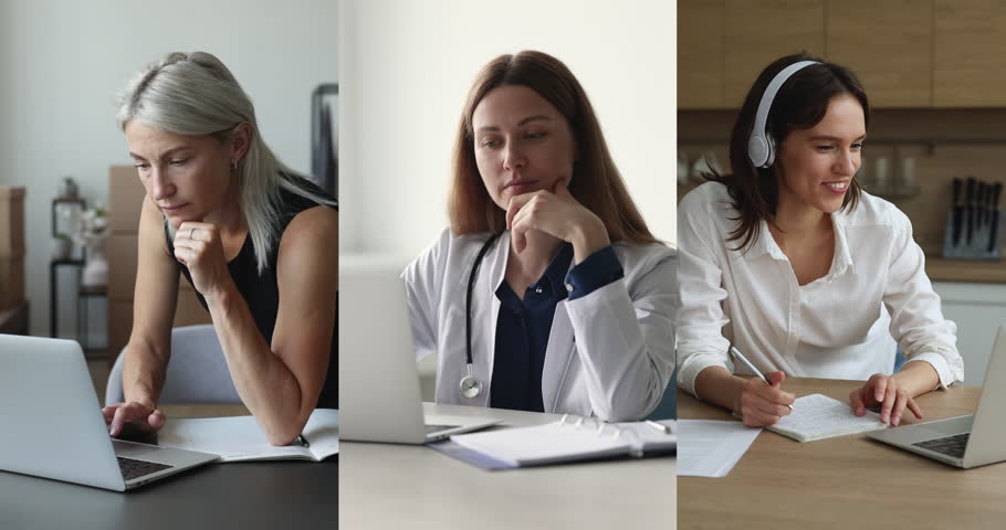 Attractive different women, young and middle-aged diverse profession and age females working or studying seated at desk at home and office. Workflow using modern wireless technologies, collage view Royalty-Free Stock Footage #1110837533