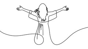 Continuous one line drawing of happy woman raised her hands up motion design. Single line art graphic animation of woman enjoying life