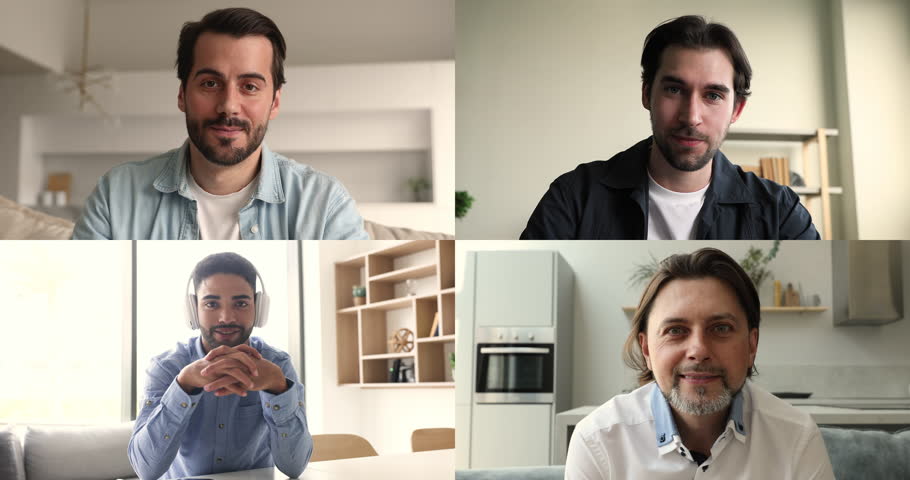 Collage of four young and mature men having video call at home using videoconference application, solve business, communicate to friends or family enjoy conversation. Virtual meeting event, blogging Royalty-Free Stock Footage #1110840003