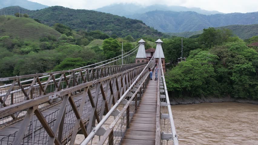 Aerial view of the famous Western Bridge in Santa Fe de Antioquia, Colombia. 