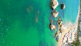 Vertical Seaside Advance: Drone Over the Sea Towards Rocky Formations, Acapulco Mexico