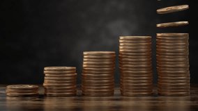 Golden coins in stack. Economy growth, investment and savings financial infografic concept. 3d video animation - Powered by Shutterstock - Get 15% off with code: PIKWIZARD15