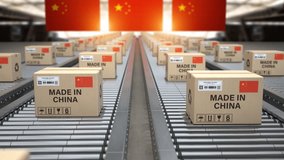 Made in China. Cardboard boxes with product from China and chinese flag on the roller conveyor. Production, delivery and import export concept, 3d loopable animation - Powered by Shutterstock - Get 15% off with code: PIKWIZARD15