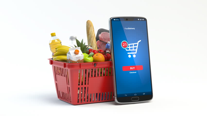 Shopping basket with fresh food isolated on white. Grocery supermarket, food and eats online buying and delivery concept. 3d video animation