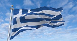 Greece flag with flagpole waving in wind, rolling clouds background looping, 4K video (Perfect Loop)