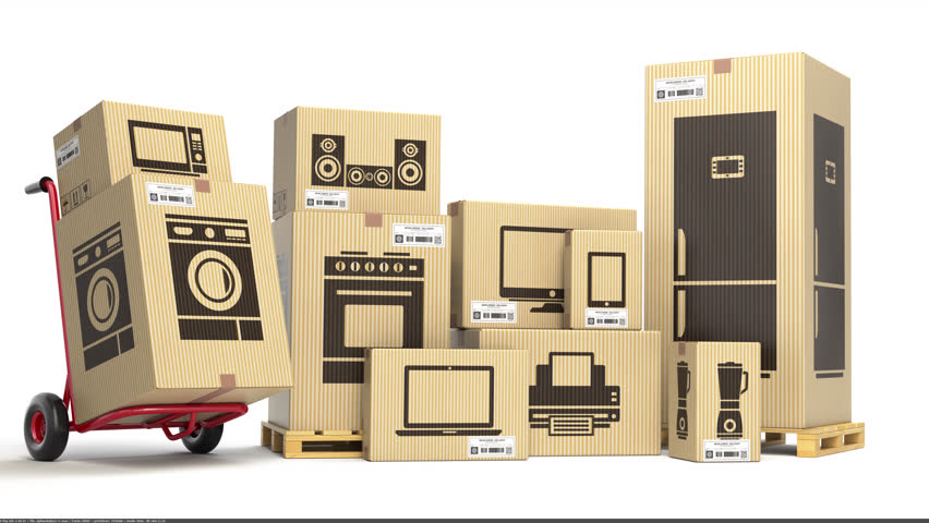 Home kitchen appliances and household electronics in cardboard boxes. E-commerce, internet online shopping and delivery concept. 3d animation	
