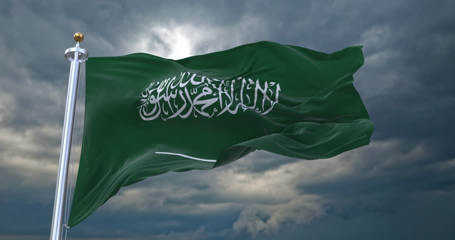Flag of Saudi Arabia realistic waving in the wind with cloudy sky background (Perfect Loop)