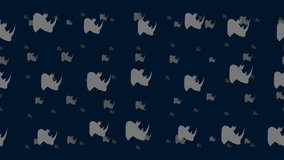 Rhinoceros head symbols float horizontally from left to right. Parallax fly effect. Floating symbols are located randomly. Seamless looped 4k animation on dark blue background