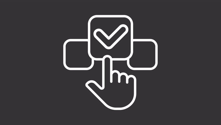 2D white creative thin line animation of clicking on check mark icon, HD video with transparent background, seamless loop 4K video representing comparison icons.