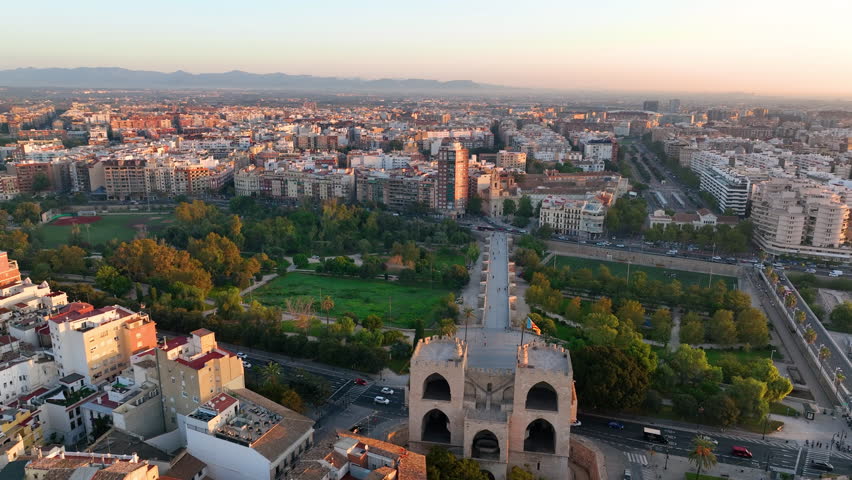 Aerial view of Valencia with Historical landmark ancient Serranos Towers. Spain