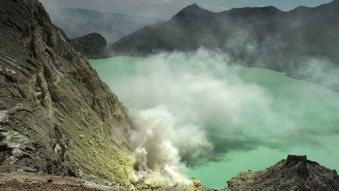 Ijen Volcanic lake and poisonous sulfur evaporation.