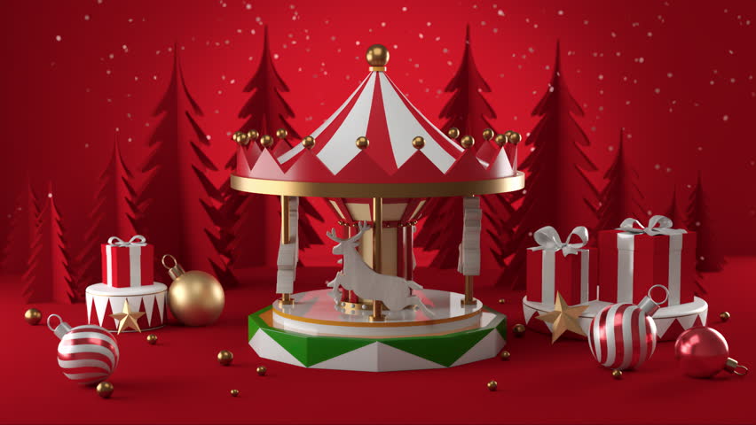 3d Animation of Christmas carousel background, Christmas gift box Red Baubles Decorated And Snow. | Shutterstock HD Video #1110859367