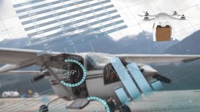 Animation of infographic interface over parked airplane in airport against mountain and sky. Digital composite, multiple exposure, report, business, growth, progress, global and transportation. - Powered by Shutterstock - Get 15% off with code: PIKWIZARD15