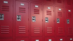 Row of closed football or soccer locker room and one opened with football attributes, soccer ball, boots and jersey. 3d video animation