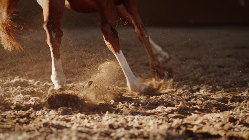Strong horse legs with white socks running around instructor on indoor sports arena closeup. Fast racehorse exercises galloping with trainer at stadium