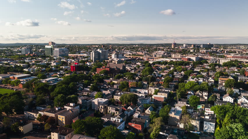 Establishing Aerial View Shot of Boston MA, Massachusetts USA, suburbs, residential area Royalty-Free Stock Footage #1110869715