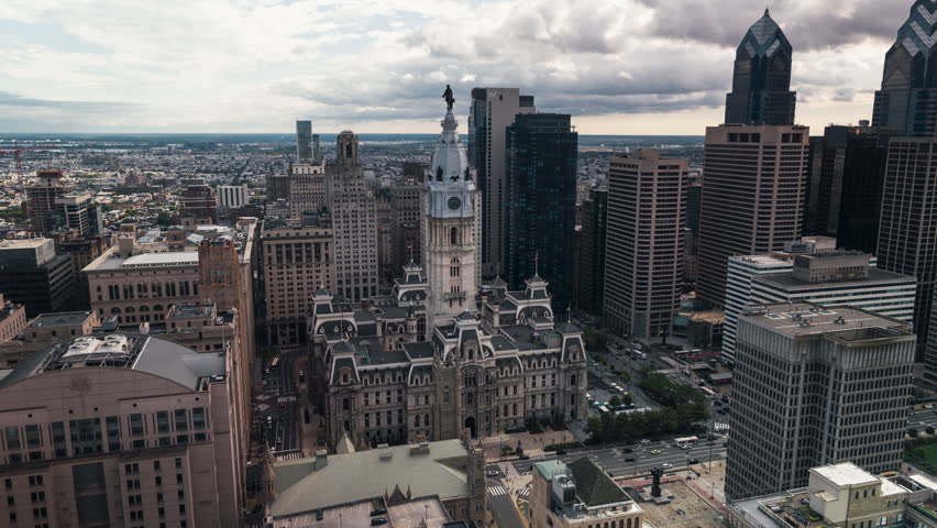 Establishing Aerial View Shot of Philadelphia PA, Pennsylvania USA, Philadelphia City Hall, stunning view