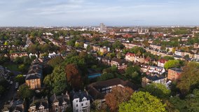 Aerial View Shot of London Suburbs, UK, United Kingdom, Ealing Common, suburbs, neighbourhood, victorian homes, typical houses, English homes victorian, residential area real estate, superb view