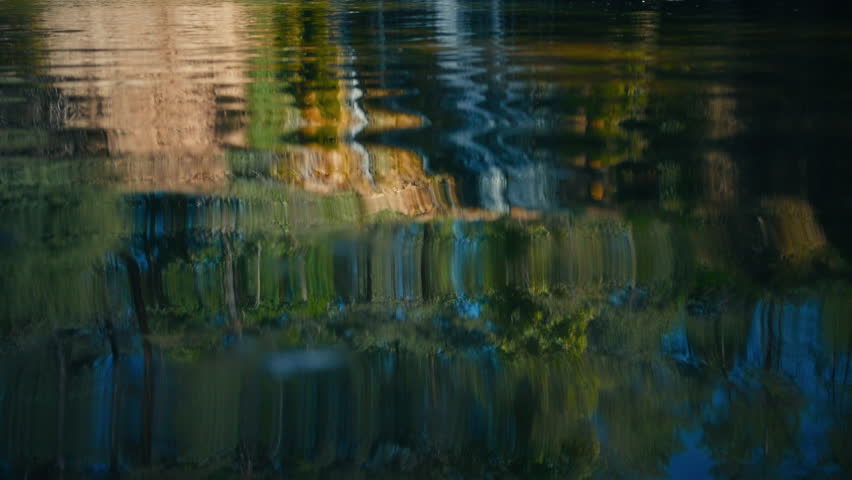 Closeup slow motion shot of reflection and waves on water surface. Relaxation background