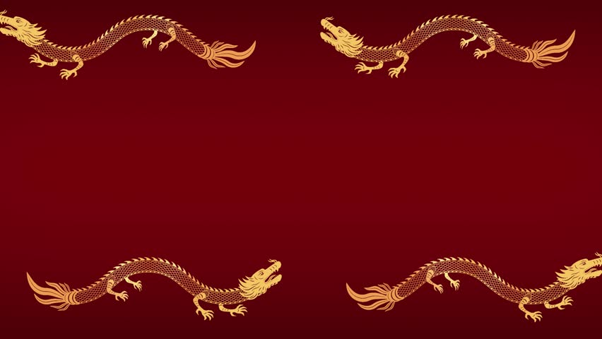 Animation of a traditional Chinese dragon flying along the frame, space for text in Chinese style for New Year greetings, Chinese New Year celebration. Golden serpent dragon on red background Royalty-Free Stock Footage #1110873557