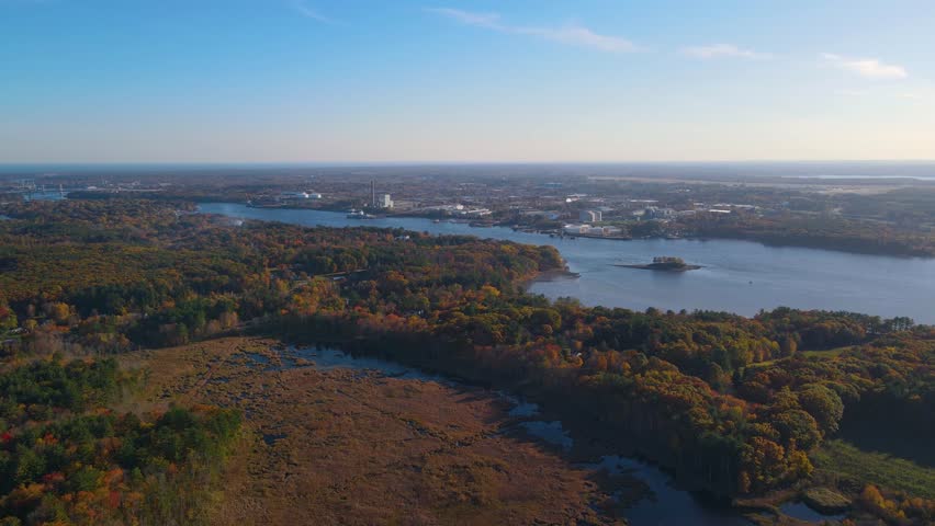 Eliot historic town center and Piscataqua River aerial view in fall with Portsmouth city at the background on Eliot Common, town of Eliot, Maine ME, USA. 