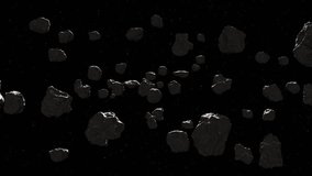 Asteroids in deep space. Animation of Asteroids field in deep space, close view. Flying through asteroid field. Asteroids and starry background. 
