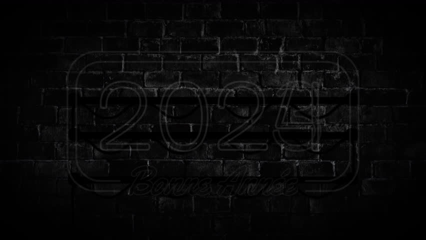 Bonne annee 2024. Happy New Year 2024. Vertical neon frame with colourful text. French greeting. Flashing lights and letters on brick wall background. Royalty-Free Stock Footage #1110880463
