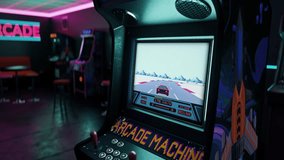 Controlling a high speed car in the video game on a vintage arcade machine. Achieving top speed with a vehicle in a vintage game. Gaining high speed score in the vintage game. Hobby. Retro.